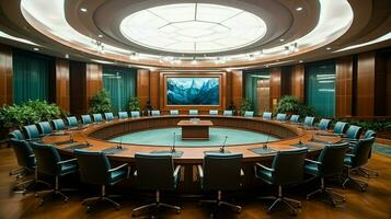 vergadering kamer met een groot conferentie tafel in een modern kantoor van de voorraad aandelenbeurs. foto