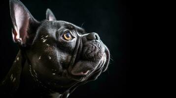 Frans bulldog portret Aan zwart achtergrond generatief ai, ai gegenereerd foto