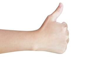 Mens hand- gebaar duim omhoog teken geïsoleerd Aan wit achtergrond foto
