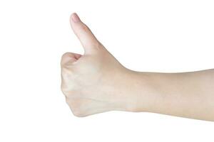 vrouw hand- gebaar duim omhoog teken geïsoleerd Aan wit achtergrond foto