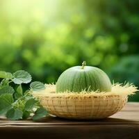 groen kroon muskus meloen Aan wazig groen achtergrond, meloen kroon meloen fruit in bamboe mat Aan houten tafel in tuin generatief ai foto