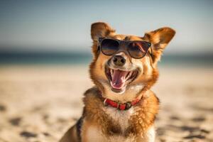 blij hond met zonnebril Aan zanderig strand - openhartig levensstijl huisdier fotografie - ai gegenereerd foto