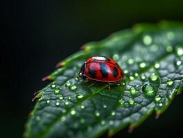 ingewikkeld details - een macro schot van een lieveheersbeestje Aan een levendig blad - ai gegenereerd foto