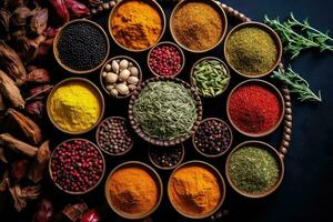 keuken kunstenaarstalent - een detailopname van kleurrijk kruiden en specerijen dat zullen vertrekken u hongerig - ai gegenereerd foto