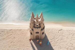 familie van vier gebouw zandkastelen Aan zonnig strand met turkoois water achtergrond - dar ondersteboven visie - ai gegenereerd foto