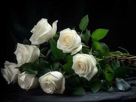 contrasterend schoonheid - een opvallend nog steeds leven van wit rozen Aan een zwart tafel - ai gegenereerd foto