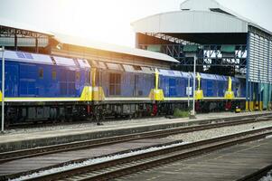 een trein van diesel treinen binnengaan de platform vracht en passagier treinen foto