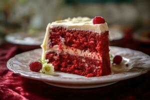 een plak van rood fluweel taart Aan een bord ai gegenereerd foto