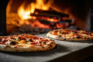 twee pizza's zijn zittend in voorkant van een hout ontslagen oven ai gegenereerd foto