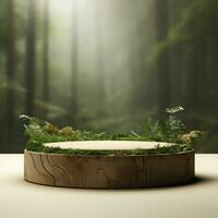 houten podium met mos Aan het in een Woud ai generatief foto