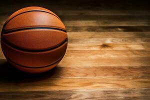 een basketbal bal is zittend Aan een houten verdieping ai generatief foto