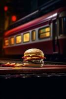 Hamburger zit Aan een tafel De volgende naar een trein ai generatief foto