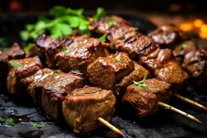 Kaukasisch sjasliek vleespen rundvlees schapenvlees lulya wezen gekookt Aan een rooster ai gegenereerd foto