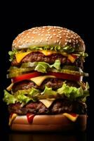 extra groot Hamburger Aan een zwart achtergrond ai generatief foto