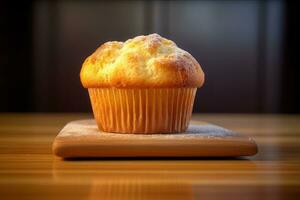 muffin zit Aan top van een houten snijdend bord ai generatief foto