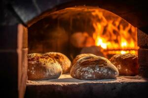 een groep van brood zittend in een oven met een brand in de achtergrond ai gegenereerd foto