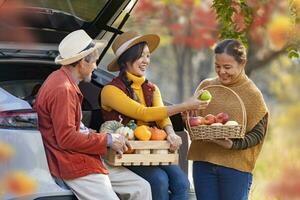 gelukkig Aziatisch boer familie met senior ouder zijn draag- produceren oogst met van eigen bodem organische stoffen appel, squash en pompoen met vallen kleur van esdoorn- boom gedurende herfst seizoen voor landbouw concept foto