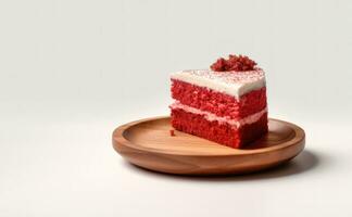 rood fluweel taart Aan de houten bord ai gegenereerd foto