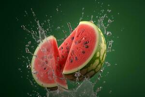 watermeloen drijvend met spatten water Aan groen achtergrond. gemaakt met generatief ai technologie foto