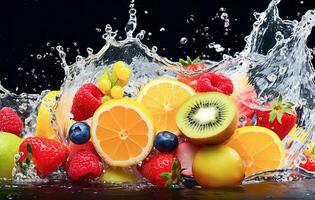 ai generatief. fruit salade in water plons foto