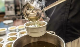 chef in restaurant keuken giet bouillon in een kip soep met noedels, vlees en groente foto