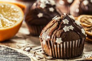 Kerstmis chocola heerlijk muffins besprenkeld met topping en wit sterren foto