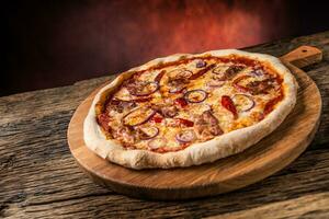 pizza. smakelijk vers Italiaans pizza met spek cihili peper en ui geserveerd Aan oud houten tafel foto