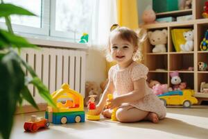 meisje spelen met speelgoed in een kinderkamer met geel muren foto