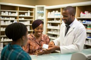 een apotheker in een apotheek verdeelt geneesmiddelen naar een klant foto