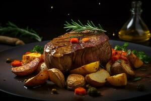 lende steak gegarneerd met aardappel wiggen en Oven geroosterd groenten en een mengsel van kruiden en kruiden.ai generatief foto