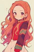 mooi anime meisje met rood haar- getrokken rug. gemaakt met generatief ai foto