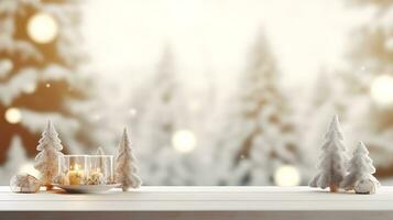 feestelijk Kerstmis mockup banier leeg wit tafel top met warm leven kamer decor en sneeuw vakantie achtergrond foto