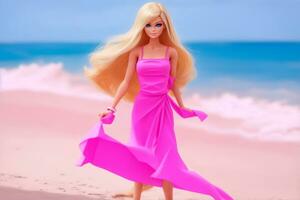 Barbie blond pop. schattig blond meisje portret. roze kleding en kleren. maken omhoog en lippenstift. speelgoed- stijl. foto