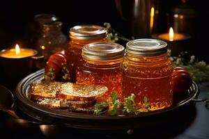 honing pot verpakking glas fles mockup met honing lepel geïsoleerd. generatief ai foto