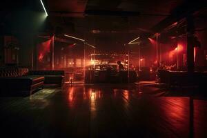 interieur van een nacht club met tafels en stoelen, lichten en rook, leeg nachtclub, met afm verlichting gieten een zacht warm gloed, ai gegenereerd foto