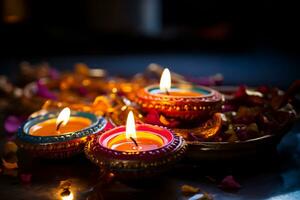 diwali klei diya lampen zijn lit gedurende diwali of deepavali vieringen foto