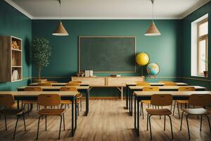 foto klas interieur met school- bureaus stoelen en groen bord leeg school- klas