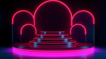 ai gegenereerd. podium stadium voor Product presentatie. stadium met neon schijnwerper. foto