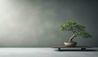 bonsai staand in pot Aan houten tafel in leeg kamer, grijs achtergrond, japans stijl foto