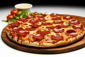 traditioneel Italiaans keuken. heerlijk peperoni pizza plakjes Aan een houten bord ai generatief Aan wit achtergrond foto