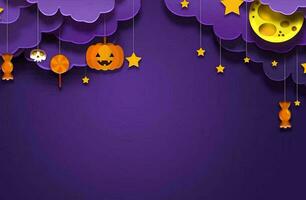 gelukkig halloween banier of partij uitnodiging achtergrond met wolken vleermuizen en pompoenen foto's foto