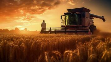 gebruik makend van een combineren oogstmachine naar verzamelen tarwe in een veld- gedurende een zomer zonsondergang en overbrengen het naar een tractor. silhouet concept foto