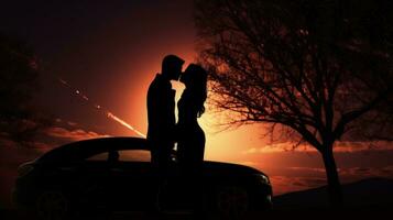 romantisch paar zoenen onder maanlicht met een vol maan silhouet in de achtergrond foto
