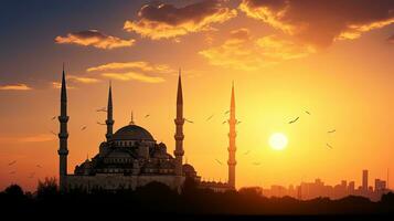 zonsondergang in Istanbul kalkoen vitrines de verbijsterend silhouet van de blauw moskee foto