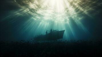 zonnestralen schijnend Aan boot silhouet van onderwater- tempel in rood zee Egypte foto