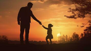 gelukkig vader met baby hand- silhouet in natuur park Bij zonsondergang foto