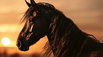 paard s hoofd in zonsondergang s gloed. silhouet concept foto