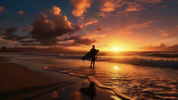 surfer jongen silhouet Bij strand zonsondergang foto