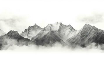 zwart en wit hand- getrokken potlood schetsen van een berg landschap met rotsachtig pieken in een grafisch stijl Aan een wit achtergrond. silhouet concept foto