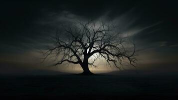 de kaal spookachtig boom staat alleen in griezelig stilte. silhouet concept foto